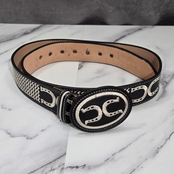 Yak Leather & Silk Other - Yak Leather Silk Embroidered Western Belt Black White Horseshoe Size 44 Cowboy